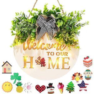 Interchangeable Front Door Welcome Sign,WinGaYe Rustic Wooden Wreath Front Porch